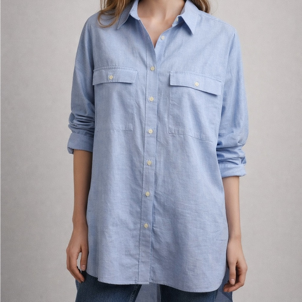Zara Oversized Blue Button Down Shirt XS Cotton Long Sleeve Pocket Top Casual